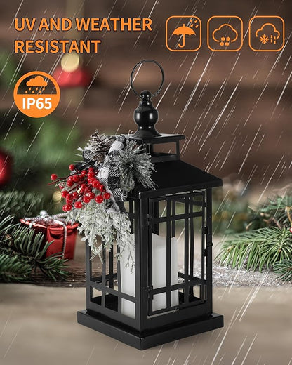 Black outdoor Christmas lantern with faux flameless candle and red-and-silver wreath decor