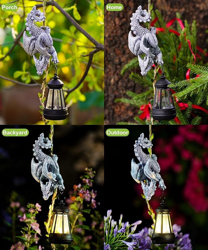 Stone-gray dragon hanging ornament with black solar lantern in an outdoor setting