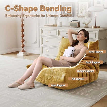 Golden Yellow Ripple Single Floor Lounge Chair - Togo-Style Warm Solo Foam Seat for Japandi Interiors, Nursery, and Sunlit Reading Corners