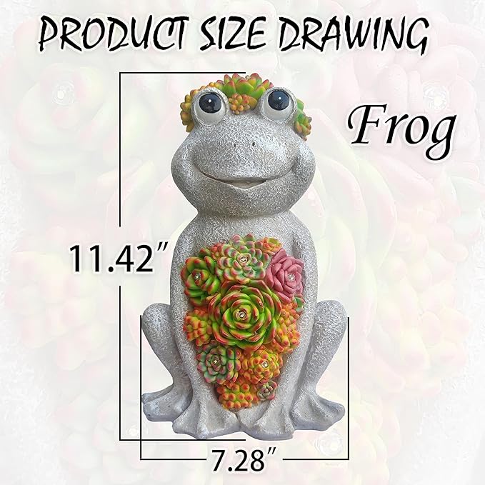 Large Frog Solar Garden Light with Succulents - Hand-Painted Resin Figurine with 8 Warm White LEDs for Lawn, Patio, Yard, and Balcony
