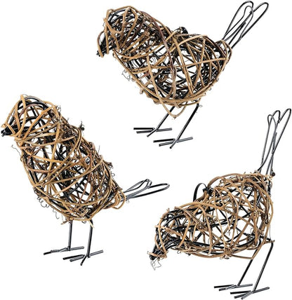 Rattan Bird Statue Set of 3 - Farmhouse Table Decor with Hidden Memo Clips, Adjustable Bases, and Rustic Shelf Accents