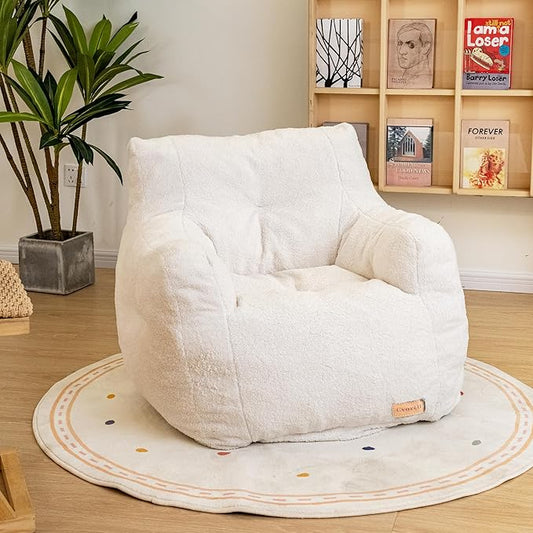 White Faux Fur Memory Foam Bean Bag Chair - Tufted Cloud Lounge Chair with Armrests for Reading Nook, Bedroom, Living Room, and Dorm