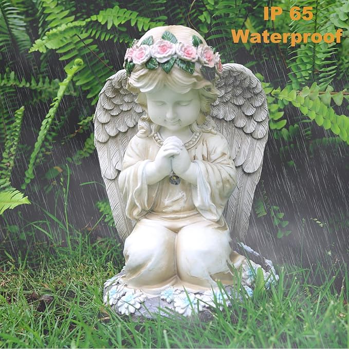 Solar Praying Angel Garden Statue - Kneeling White Resin Sculpture with Warm Chest and Wing Light for Lawn, Patio, Yard, and Balcony