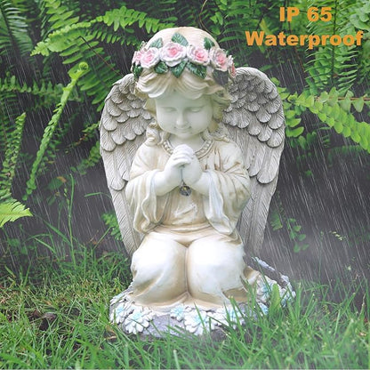 Solar Praying Angel Garden Statue - Kneeling White Resin Sculpture with Warm Chest and Wing Light for Lawn, Patio, Yard, and Balcony