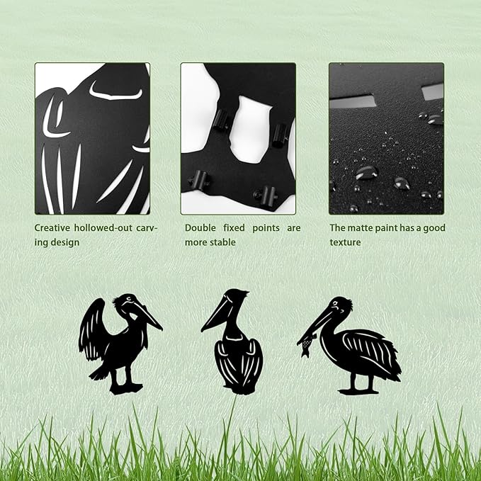 3-Pack Pelican Metal Garden Stakes - Weather-Resistant Bird Yard Decor