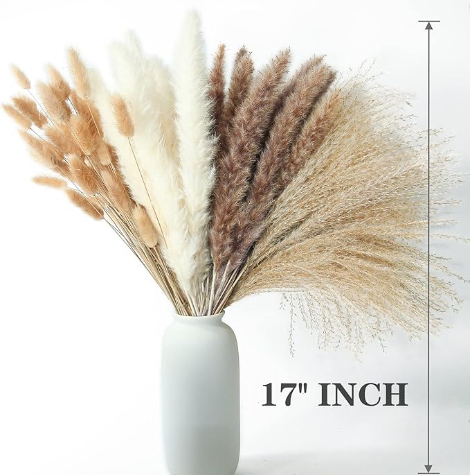 Dried pampas grass bouquet in a light blue vase, 17 inch height