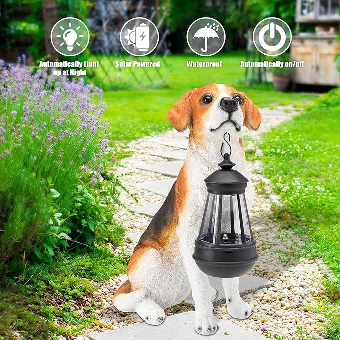 Solar Beagle Dog Garden Statue with Lantern - 11.8-Inch Resin Outdoor Decor