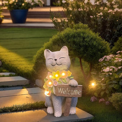 Cat Solar Garden Statue with Welcome Sign and LED Flowers - Weatherproof Resin Decor