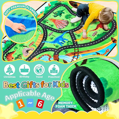 Kids dinosaur road rug with green grass, blue water, and winding black lanes