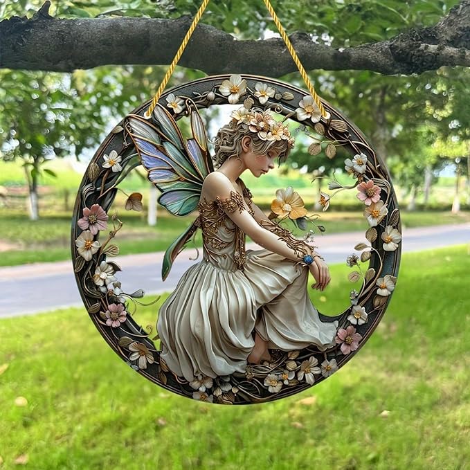 Round floral fairy ornament hanging from a gold cord outdoors