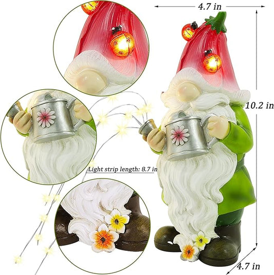 Solar garden gnome figurine holding a watering can, shown with light strip length detail
