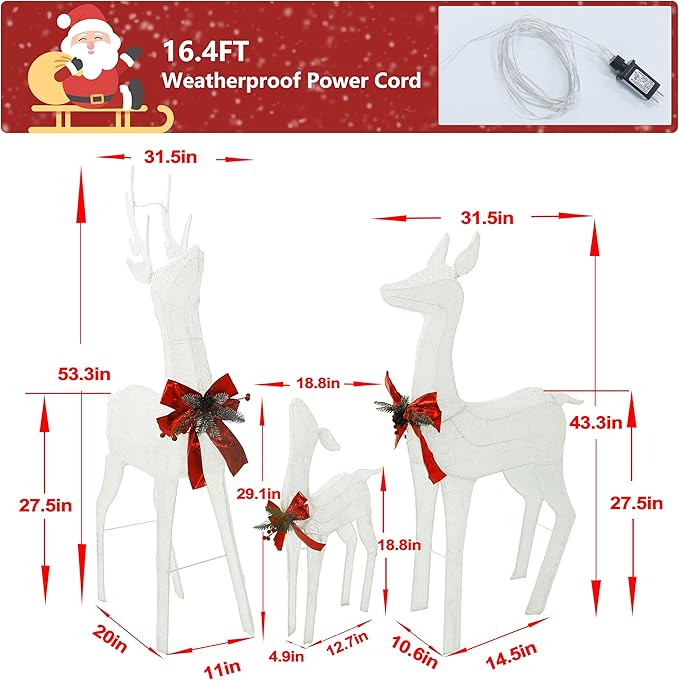 Pre-lit reindeer family decor size diagram with three standing deer and red bows
