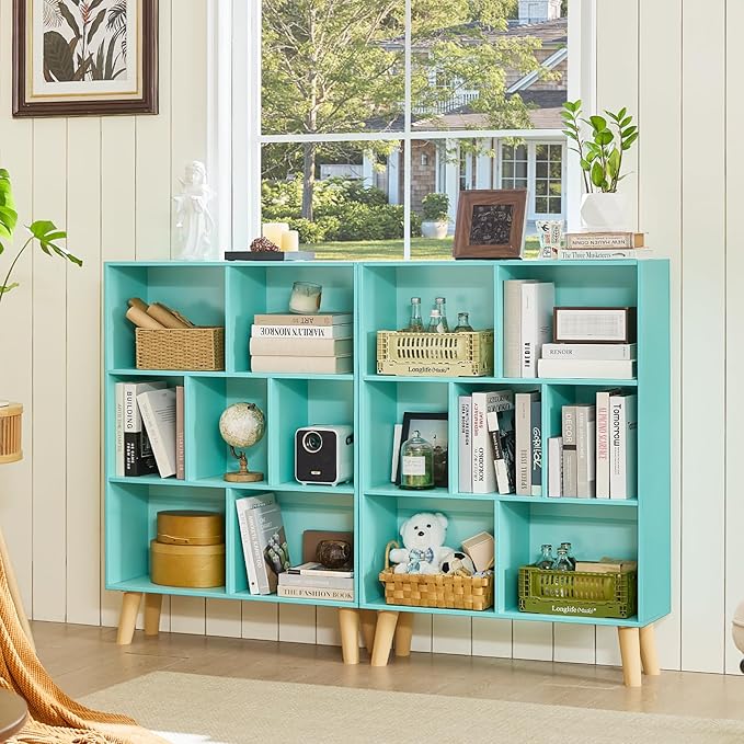 Mint Green 7-Cube Criss-Cross Bookshelf with Legs - Magical Kids Bookcase for Nursery and Fairytale Rooms