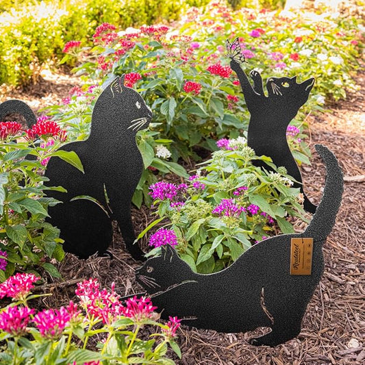 3-Piece Steel Cat Garden Statue Set - Black Mom Cat and Kittens Yard Art with Ground Stakes for Lawn, Flower Beds, Walkways, and Patio