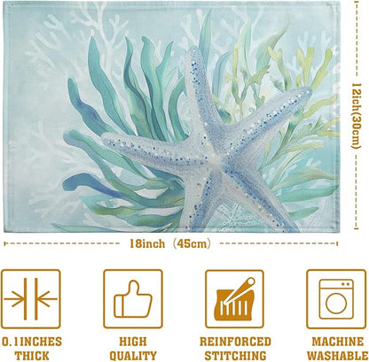 Teal blue placemat with stitched edge and starfish with seaweed ocean print
