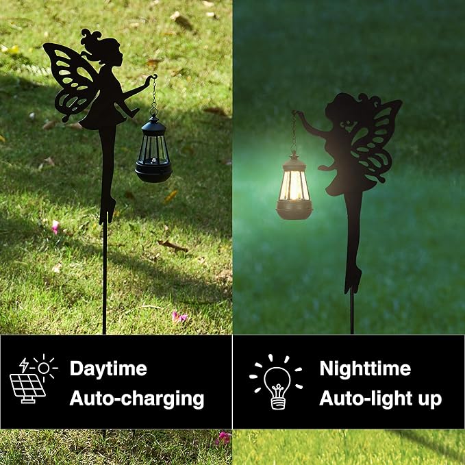 Fairy silhouette solar lantern garden stake, shown lit at night and unlit by day