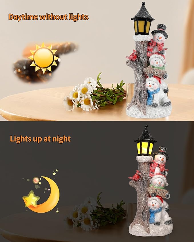 Stacked snowman lantern decor, unlit vs lit on tabletop