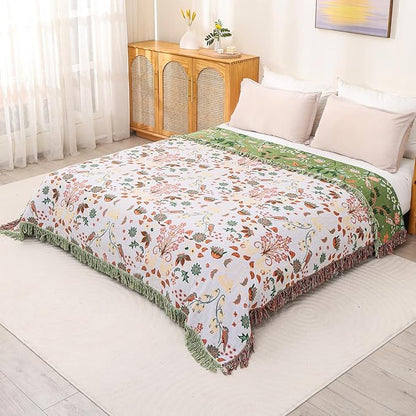 Light Green Squirrel Print Boho Cotton King Blanket – 90"x98" | 4-Layer Breathable 100% Cotton | OEKO-TEX GOTS GRS Certified Farmhouse Throw