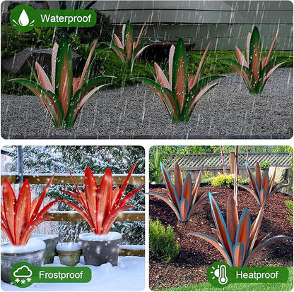 Metal agave garden sculpture with green and bronze leaves shown outdoors in varied weather