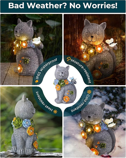 Cat Solar Garden Statue with Flowers, Butterfly, and 6 LED Lights - Waterproof Resin Decor