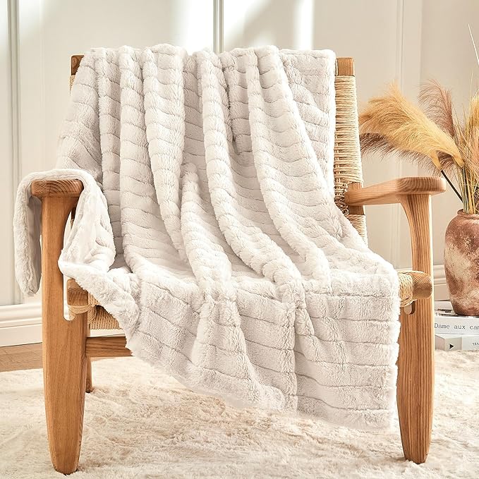 Beige Faux Rabbit Fur Throw Blanket – 60"x80" | 450GSM Wide Ribbed Shearling | Minimalist Luxury Plush Throw for Couch & Bed