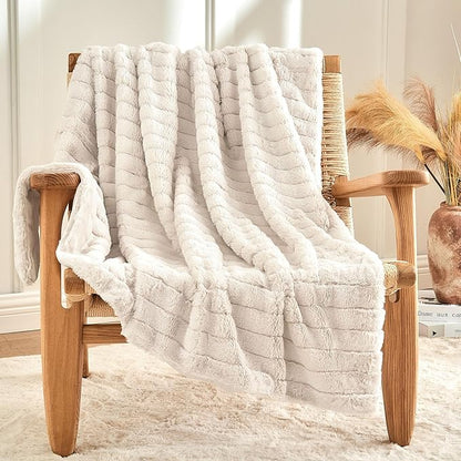 Beige Faux Rabbit Fur Throw Blanket – 50"x60" | 450GSM Wide Ribbed Shearling | Minimalist Luxury Plush Personal Couch Throw