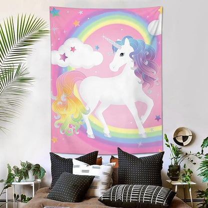 Unicorn rainbow wall tapestry, white unicorn with blue horn and rainbow circle