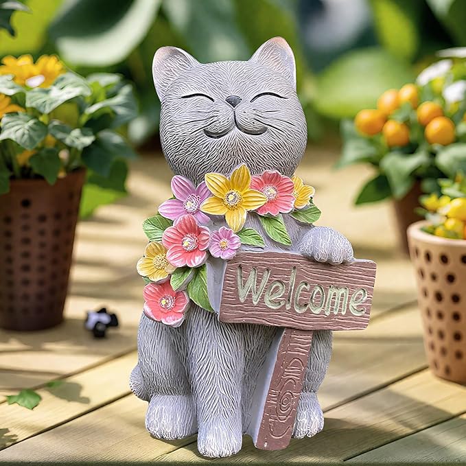 Cat Solar Garden Statue with Welcome Sign and LED Flowers - Weatherproof Resin Decor