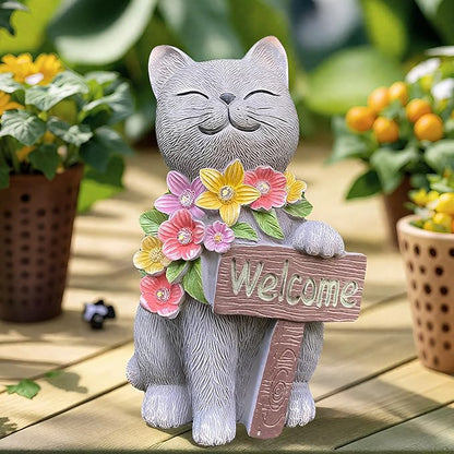 Cat Solar Garden Statue with Welcome Sign and LED Flowers - Weatherproof Resin Decor