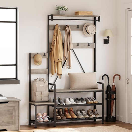 Parent-Child Hall Tree with Bench and Shoe Storage - Industrial Entryway Organizer with Hooks, Shoe Rack, and Top Shelf