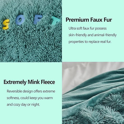 Light Teal Shaggy Faux Fur Queen Blanket – 90"x90" | 1.5" Deep Plush Pile | Serene Spa-Inspired Throw for Queen Beds & Calm Interiors
