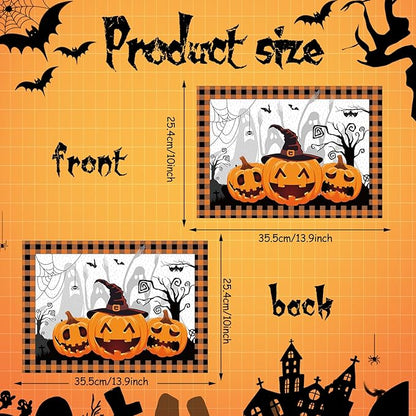 Halloween paper placemat layout showing plaid border, pumpkins, ghost and spiderweb