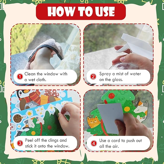 How-to panel for Christmas window clings showing peel, spray, and press steps