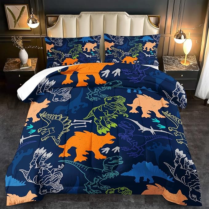 Blue dinosaur bedding set with two pillow shams and comforter, colorful dinosaur pattern.