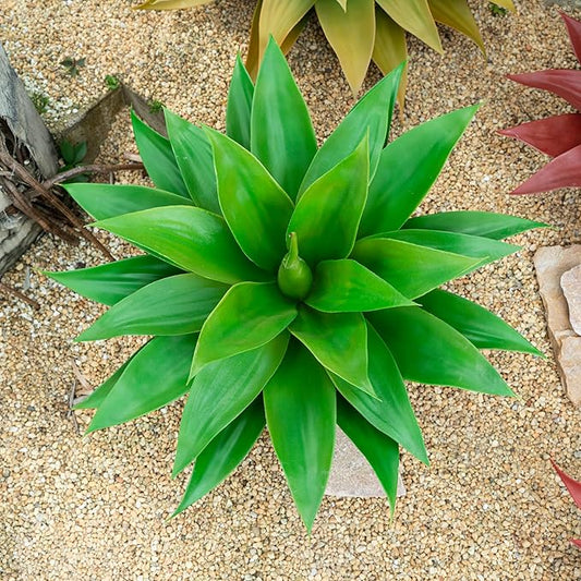Green faux agave plant with spiky leaves in a small outdoor planter