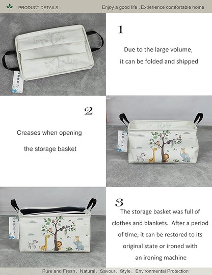 Jungle Tree Animals Canvas Storage Hamper Basket - Foldable Waterproof Cartoon Safari Bin for Kids Room, Playroom, and Animal Lover Gifts