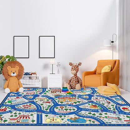 Kids city traffic playmat rug in blue with colorful road map and landmark illustrations