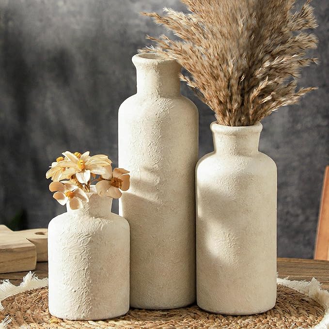 Set of 3 whitewashed terracotta ceramic vases with textured finish, tall and short shapes