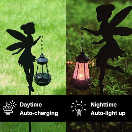 Solar fairy stake lights in yard, black fairy silhouettes with color-shifting lantern glow