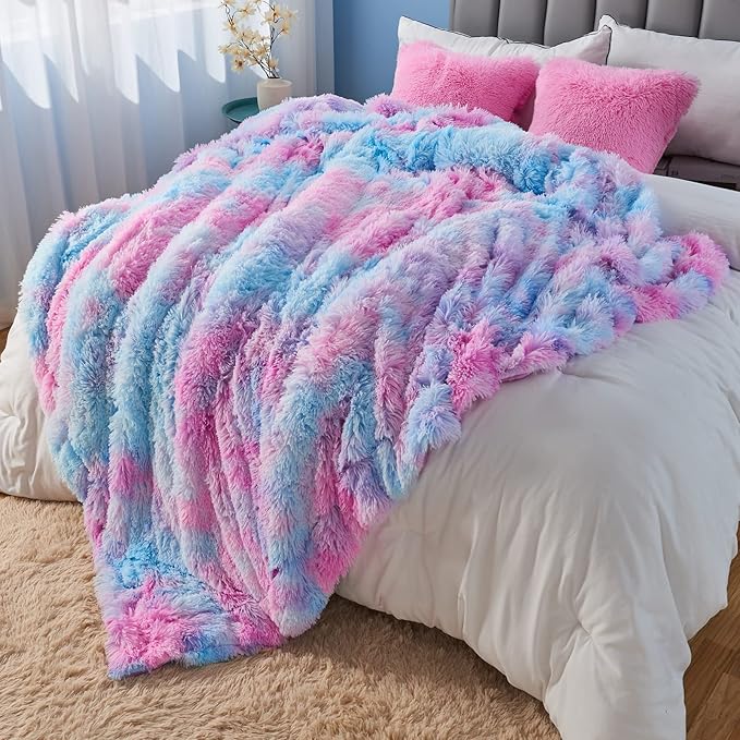 Purple Rainbow Shaggy Faux Fur Queen Blanket – 90"x90" | 1.5" Deep Plush Pile | Magical Whimsical Throw for Queen Beds & Fantasy Bedrooms