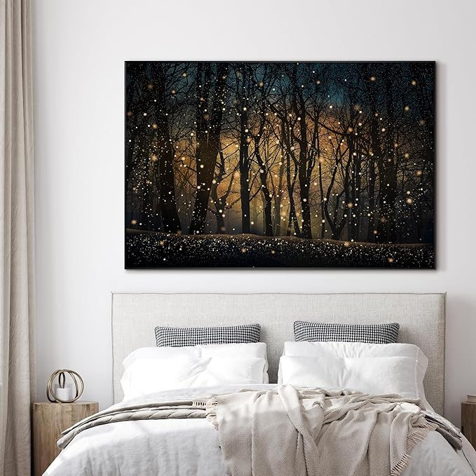 Magical Firefly Night Forest Framed Wall Art – XL 46"x72" Enchanted Woodland Scene | Grand Statement Home Decor for Living Room & Bedroom