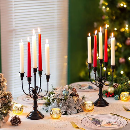 Black metal five-stem taper candelabra with white and red candles on dining table