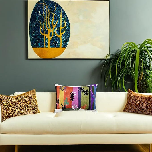 Lumbar pillow cover with colorful vertical stripe botanical design on the front