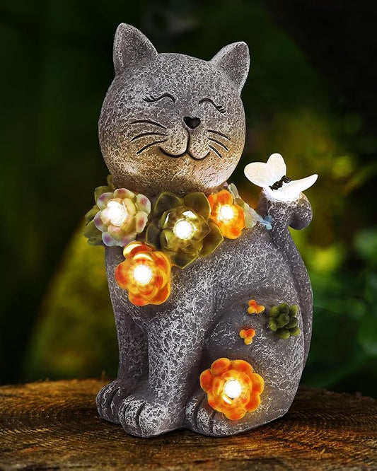 Cat Solar Garden Statue with Flowers, Butterfly, and 6 LED Lights - Waterproof Resin Decor