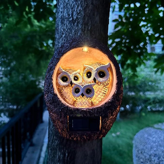 Solar Owl Family Garden Statue - Hanging Tree Hollow Resin Sculpture with Dual LED Amber Glow