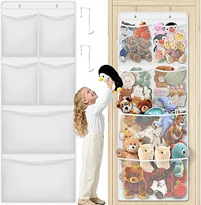 Over the Door Stuffed Animal Storage Organizer – 6 Large Expandable Mesh Pockets & Metal Hooks | Nursery, Bedroom & Playroom | Grey, Black, White