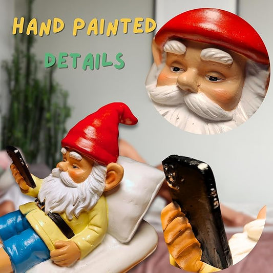 Relaxing pool gnome statue close-up with red hat, white beard, holding smartphone