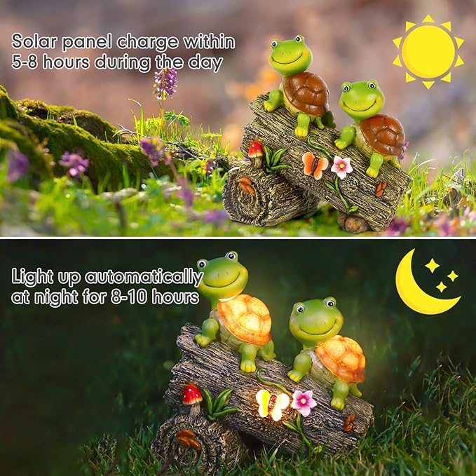 Solar Turtle Garden Statue with 4 LED Lights - Resin Outdoor Decor with Frog Face Design