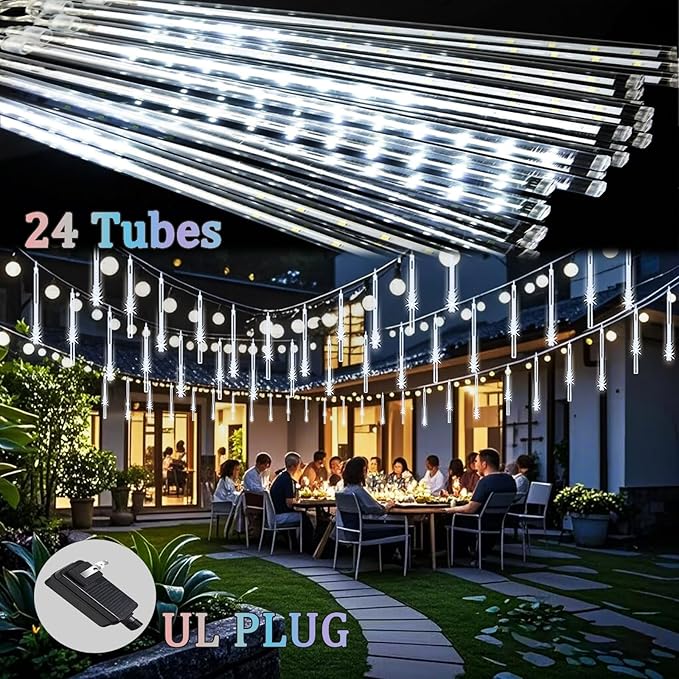 24-tube meteor shower light set with UL plug and bundled tubes.
