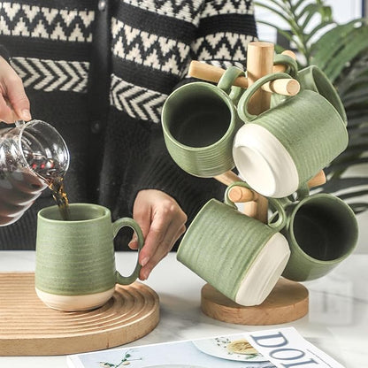 Green Porcelain Coffee Mugs – Set of 6 | 15oz Classic Two-Tone Glaze | Cool-Grip Handle | Freezer, Dishwasher & Microwave Safe